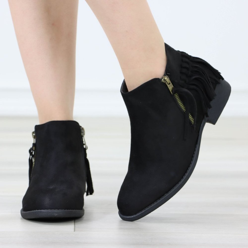 Black Suede Boots Tassel Flat Heel Round Toe Ankle Booties Flats - Picture 9 of 12
